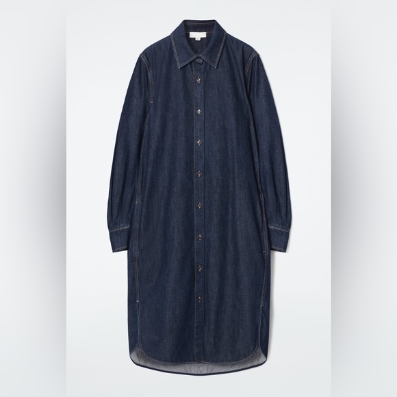 COS Dark Indigo Western Long Sleeve Button Down Denim Midi Shirt Dress - Picture 9 of 9